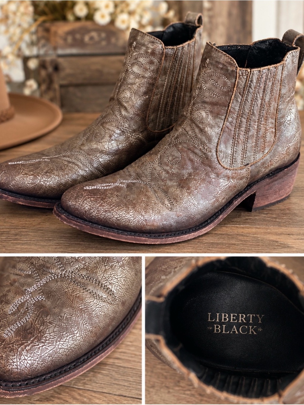 Liberty Black Metallic Bronze Leather Western Ankle Boots size 8.5